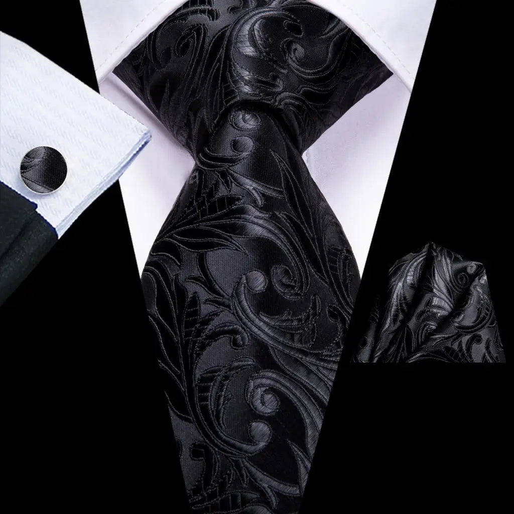 Hi-Tie Black Floral Silk Wedding Tie For Men