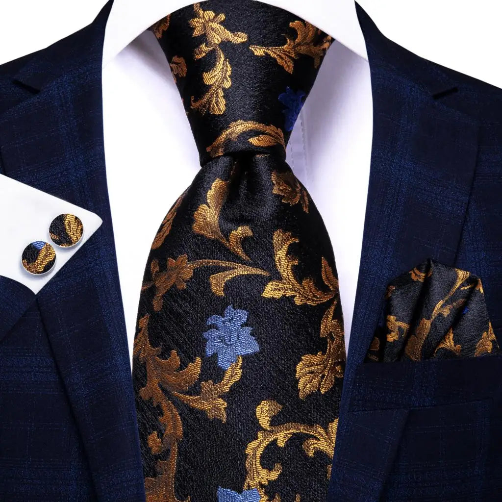 Hi-Tie Black Floral Silk Wedding Tie For Men