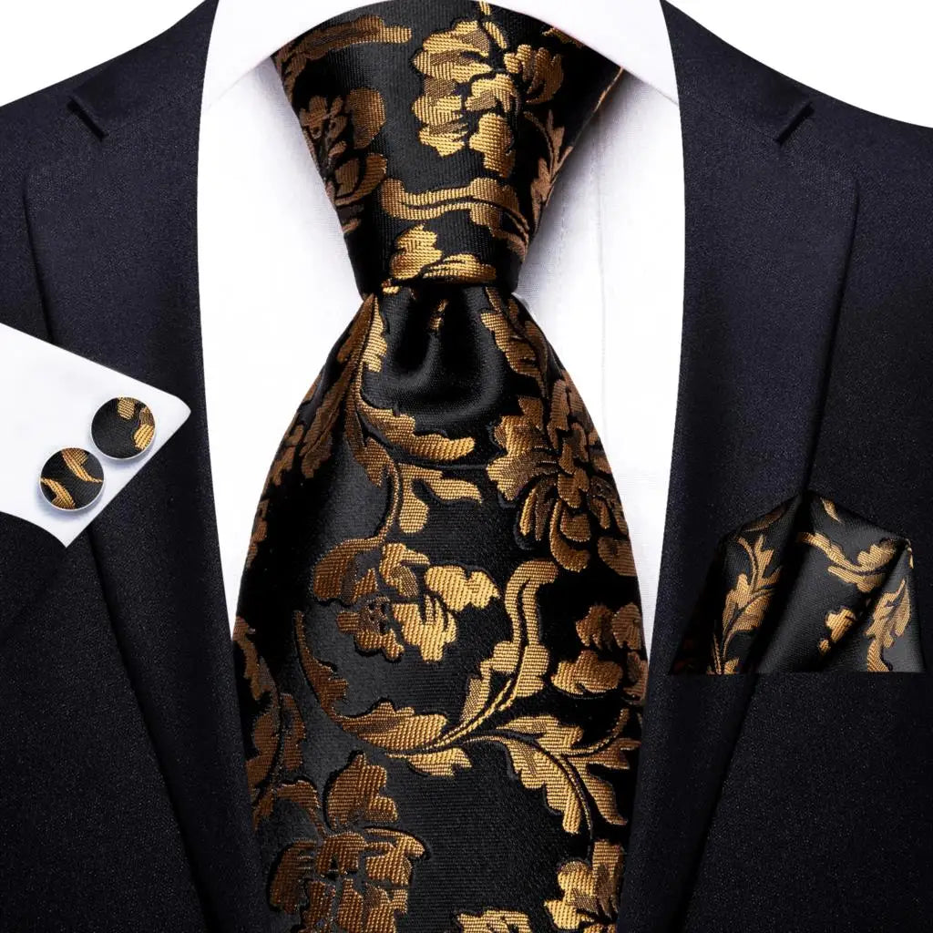 Hi-Tie Black Floral Silk Wedding Tie For Men