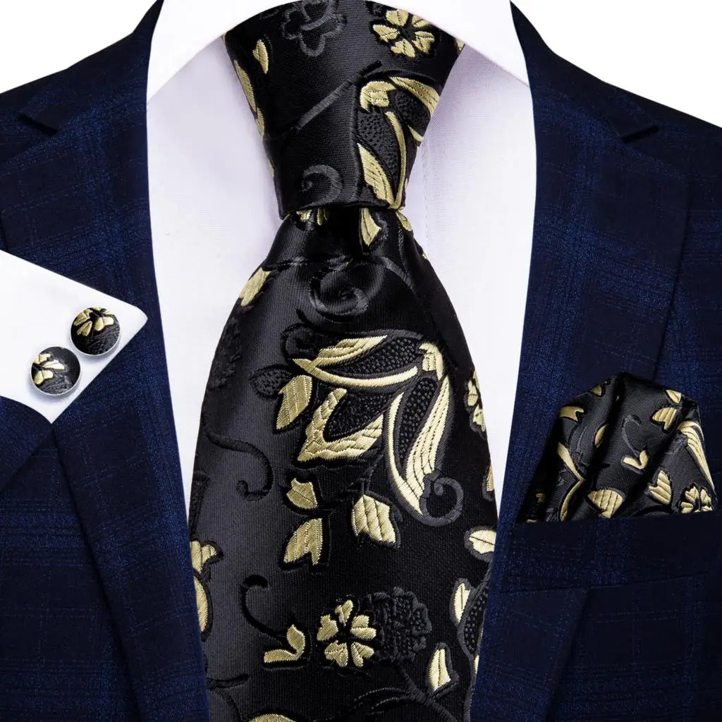 Hi-Tie Black Floral Silk Wedding Tie For Men