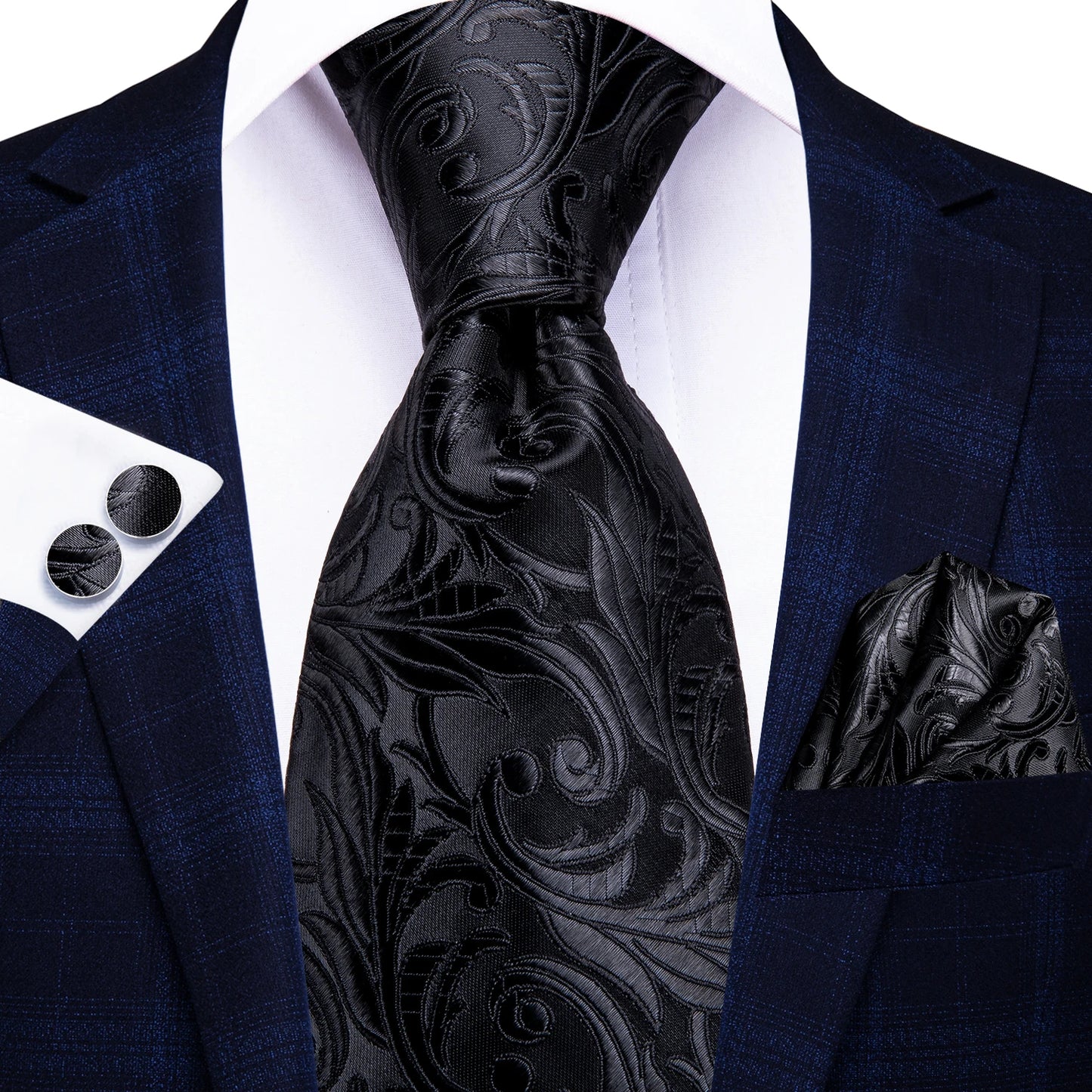 Hi-Tie Black Floral Silk Wedding Tie For Men